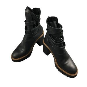 Free People Black Leather Jesse Cutout Platform Chunky Heel Ankle Boots 38 US 8